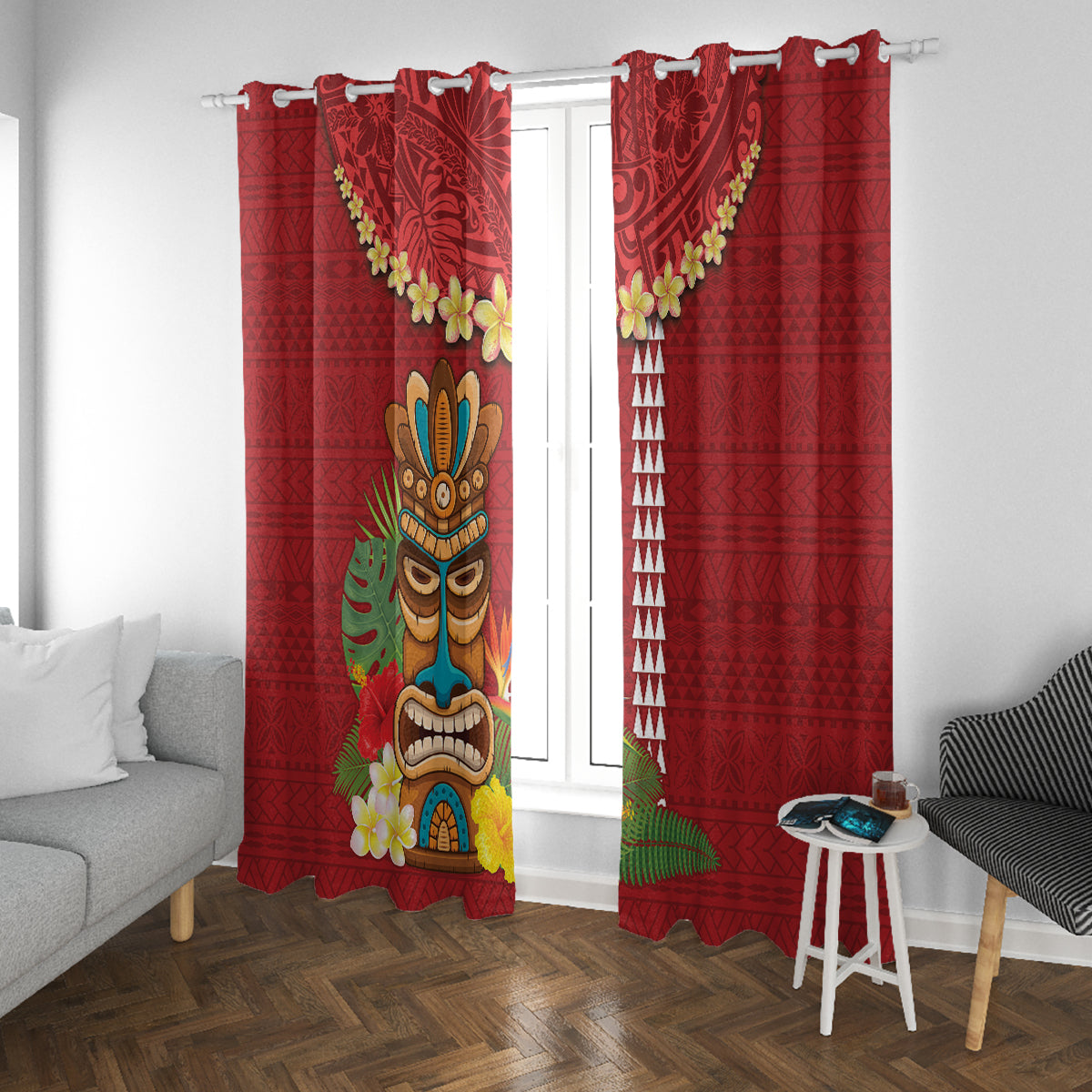 Hawaii Plumeria Lei Window Curtain Tiki and Kakau Pattern Red Color LT03 With Grommets Red - Polynesian Pride