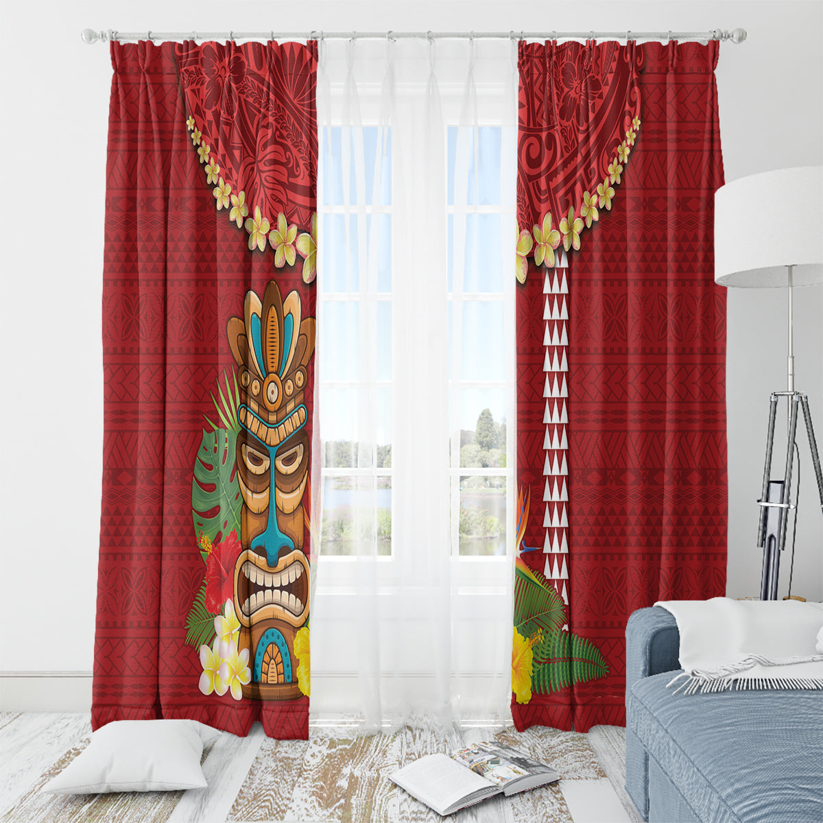 Hawaii Plumeria Lei Window Curtain Tiki and Kakau Pattern Red Color LT03 - Polynesian Pride