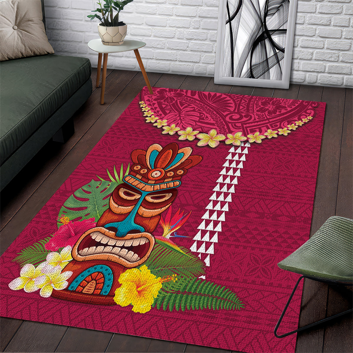 Hawaii Plumeria Lei Area Rug Tiki and Kakau Pattern Pink Color LT03 Pink - Polynesian Pride