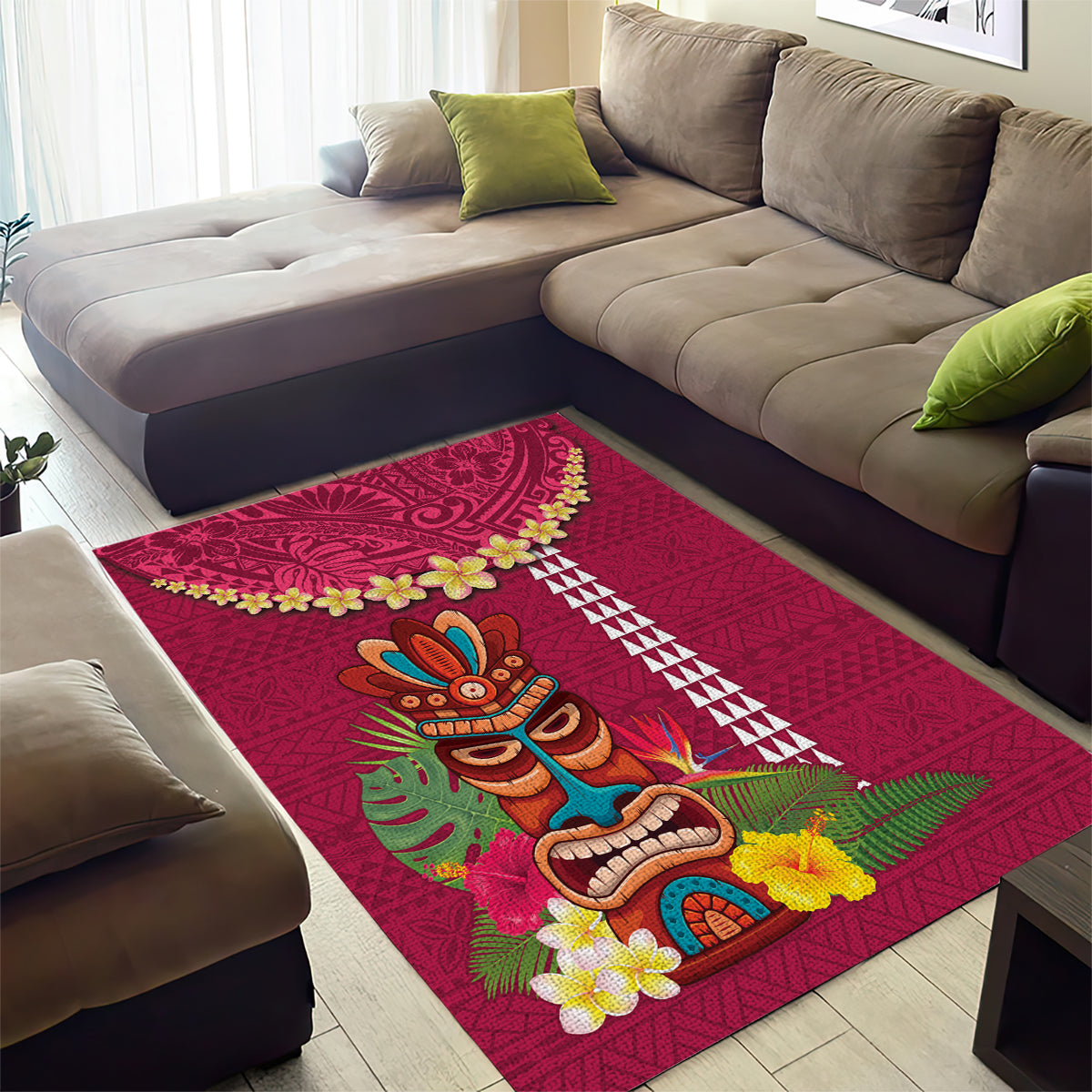 Hawaii Plumeria Lei Area Rug Tiki and Kakau Pattern Pink Color LT03 - Polynesian Pride