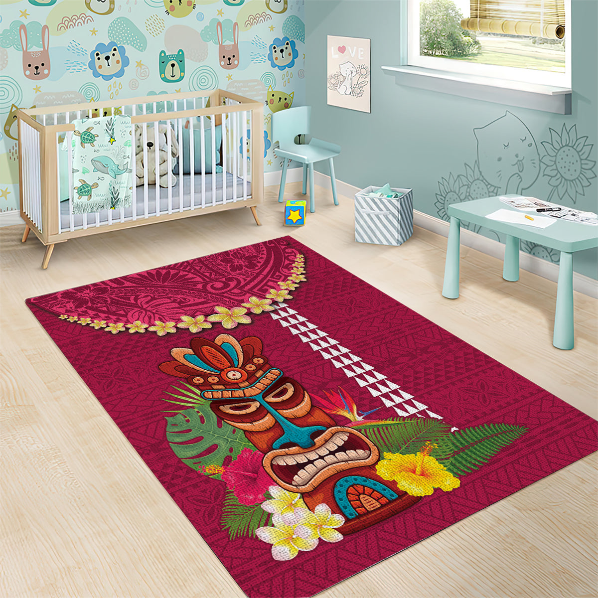 Hawaii Plumeria Lei Area Rug Tiki and Kakau Pattern Pink Color LT03 - Polynesian Pride