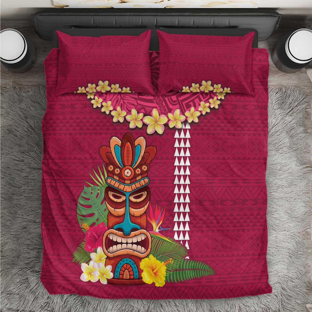 Hawaii Plumeria Lei Bedding Set Tiki and Kakau Pattern Pink Color LT03 Pink - Polynesian Pride