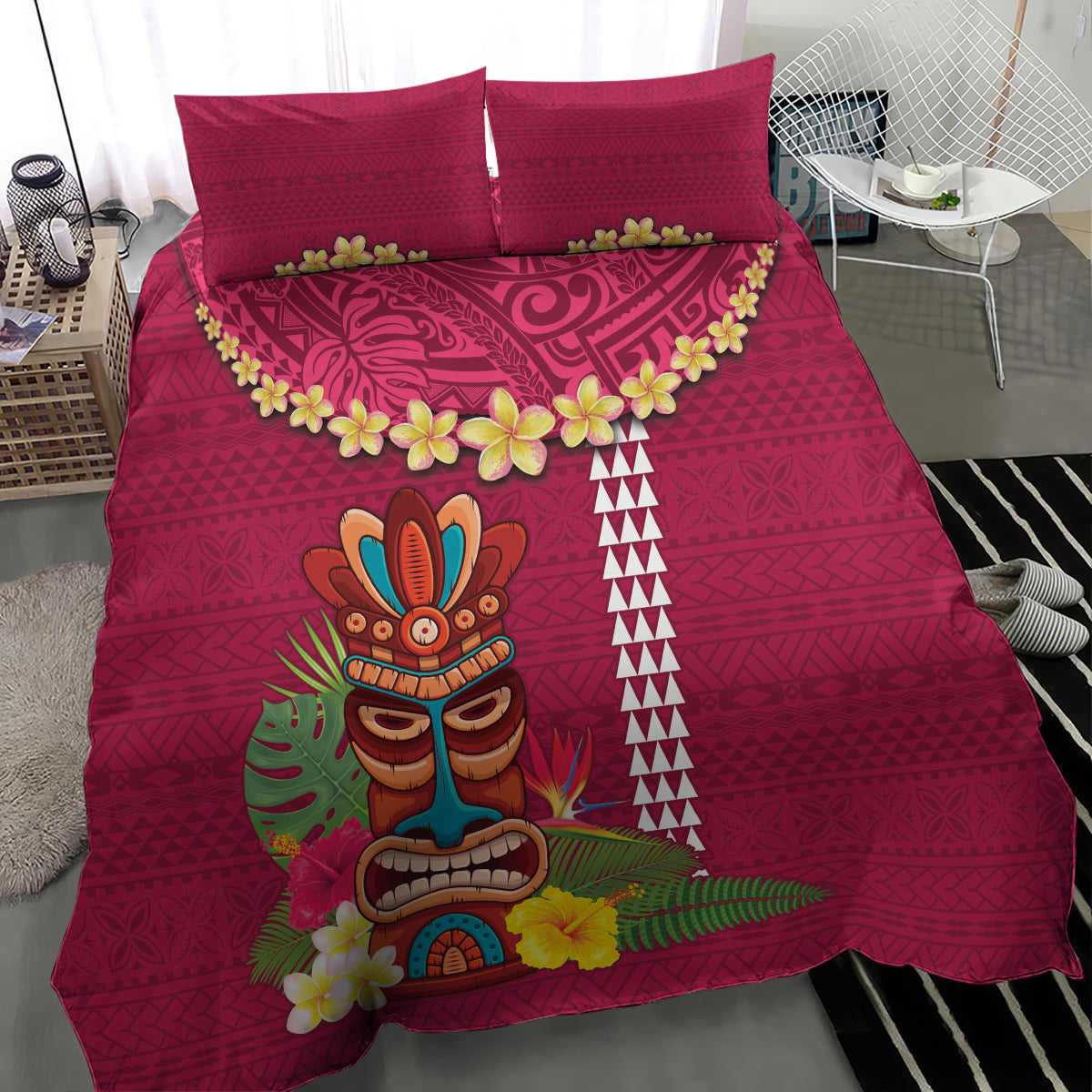Hawaii Plumeria Lei Bedding Set Tiki and Kakau Pattern Pink Color LT03 - Polynesian Pride