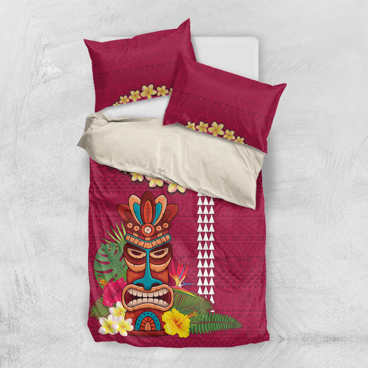 Hawaii Plumeria Lei Bedding Set Tiki and Kakau Pattern Pink Color LT03 US Twin 172cm x 218cm Pink - Polynesian Pride