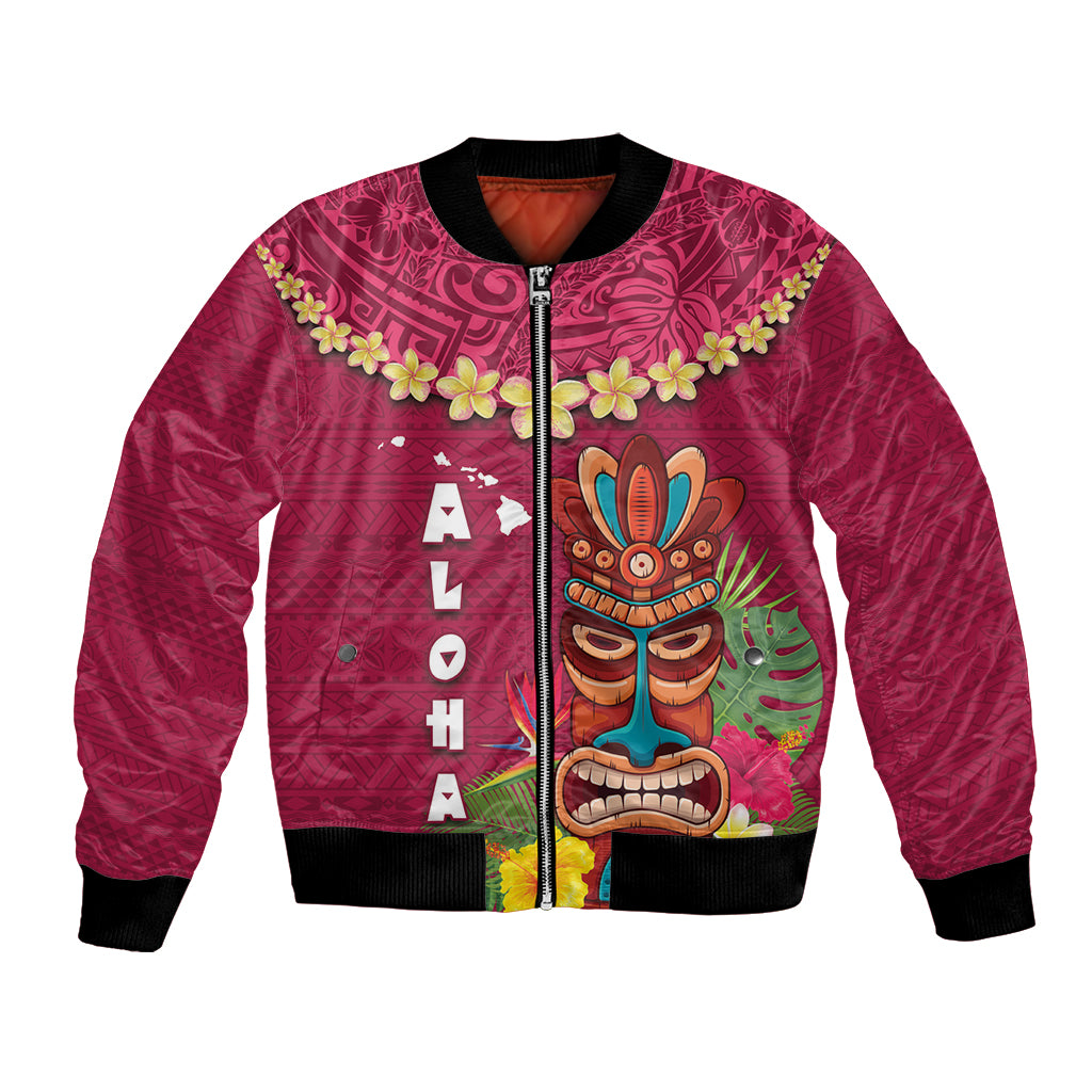 Hawaii Plumeria Lei Bomber Jacket Tiki and Kakau Pattern Pink Color LT03 Unisex Pink - Polynesian Pride