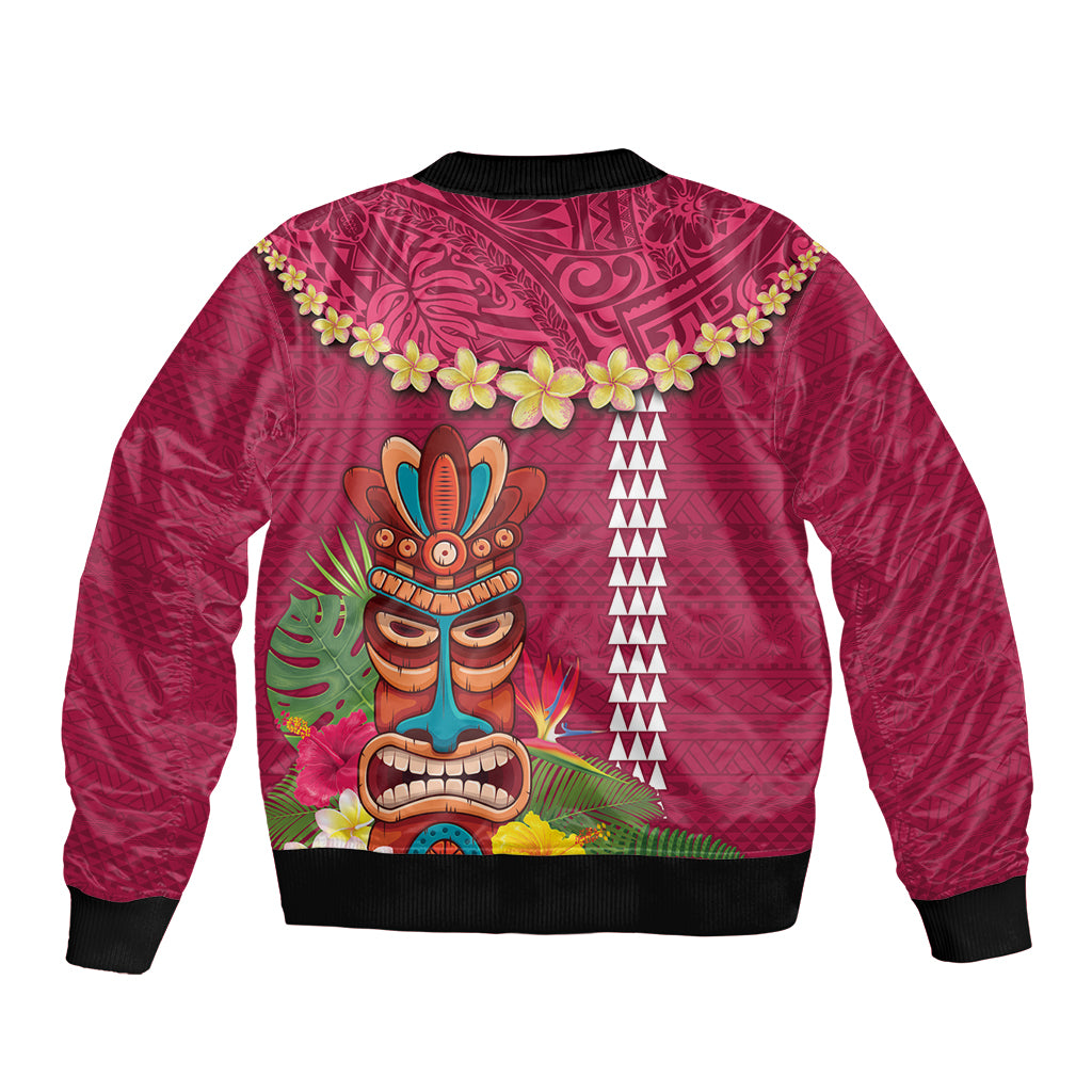 Hawaii Plumeria Lei Bomber Jacket Tiki and Kakau Pattern Pink Color LT03 - Polynesian Pride