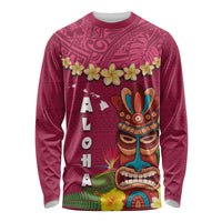 Hawaii Plumeria Lei Long Sleeve Shirt Tiki and Kakau Pattern Pink Color LT03 Unisex Pink - Polynesian Pride