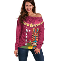 Hawaii Plumeria Lei Off Shoulder Sweater Tiki and Kakau Pattern Pink Color LT03 Women Pink - Polynesian Pride