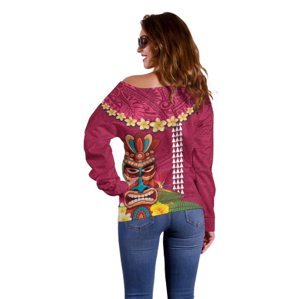 Hawaii Plumeria Lei Off Shoulder Sweater Tiki and Kakau Pattern Pink Color LT03 - Polynesian Pride