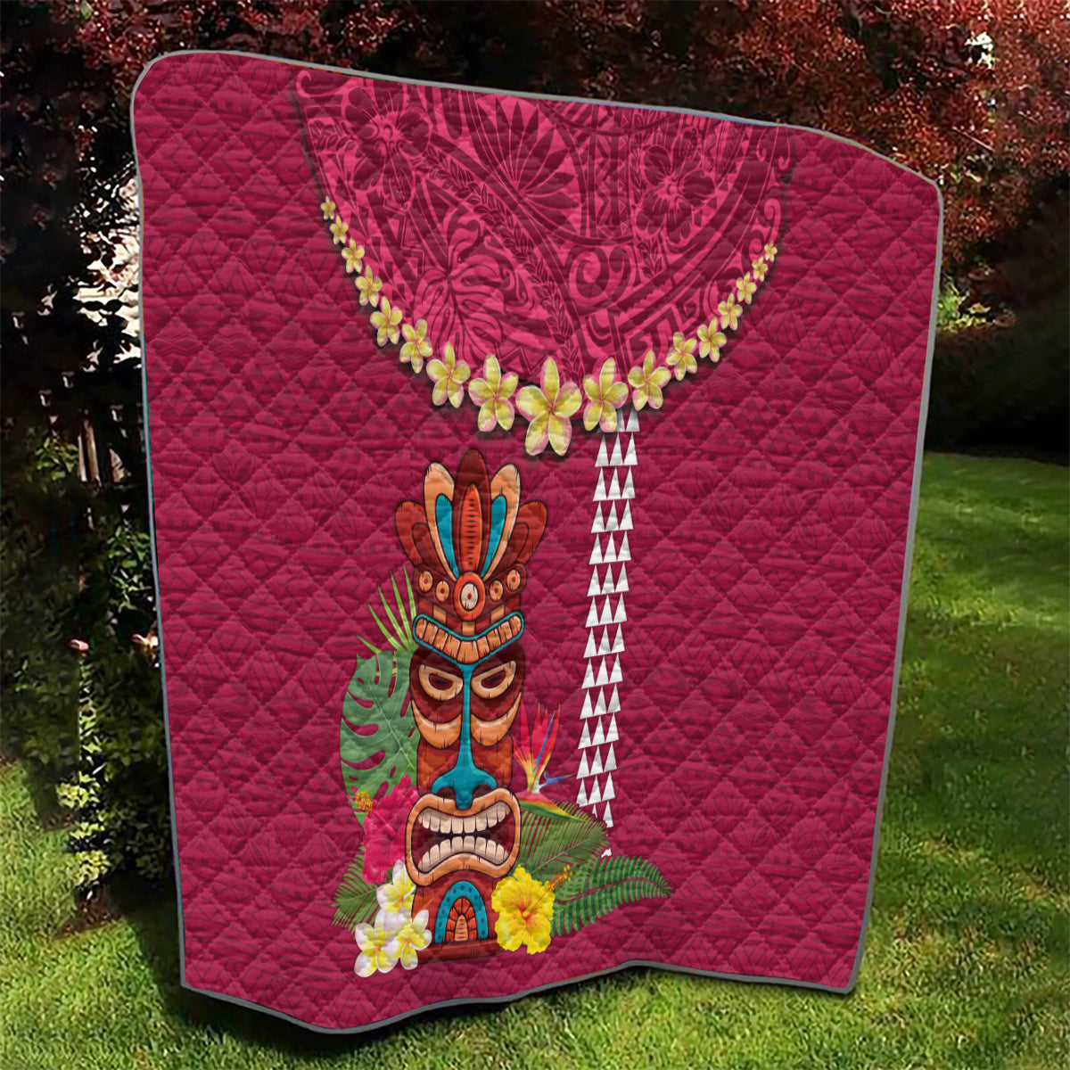 Hawaii Plumeria Lei Quilt Tiki and Kakau Pattern Pink Color LT03 - Polynesian Pride