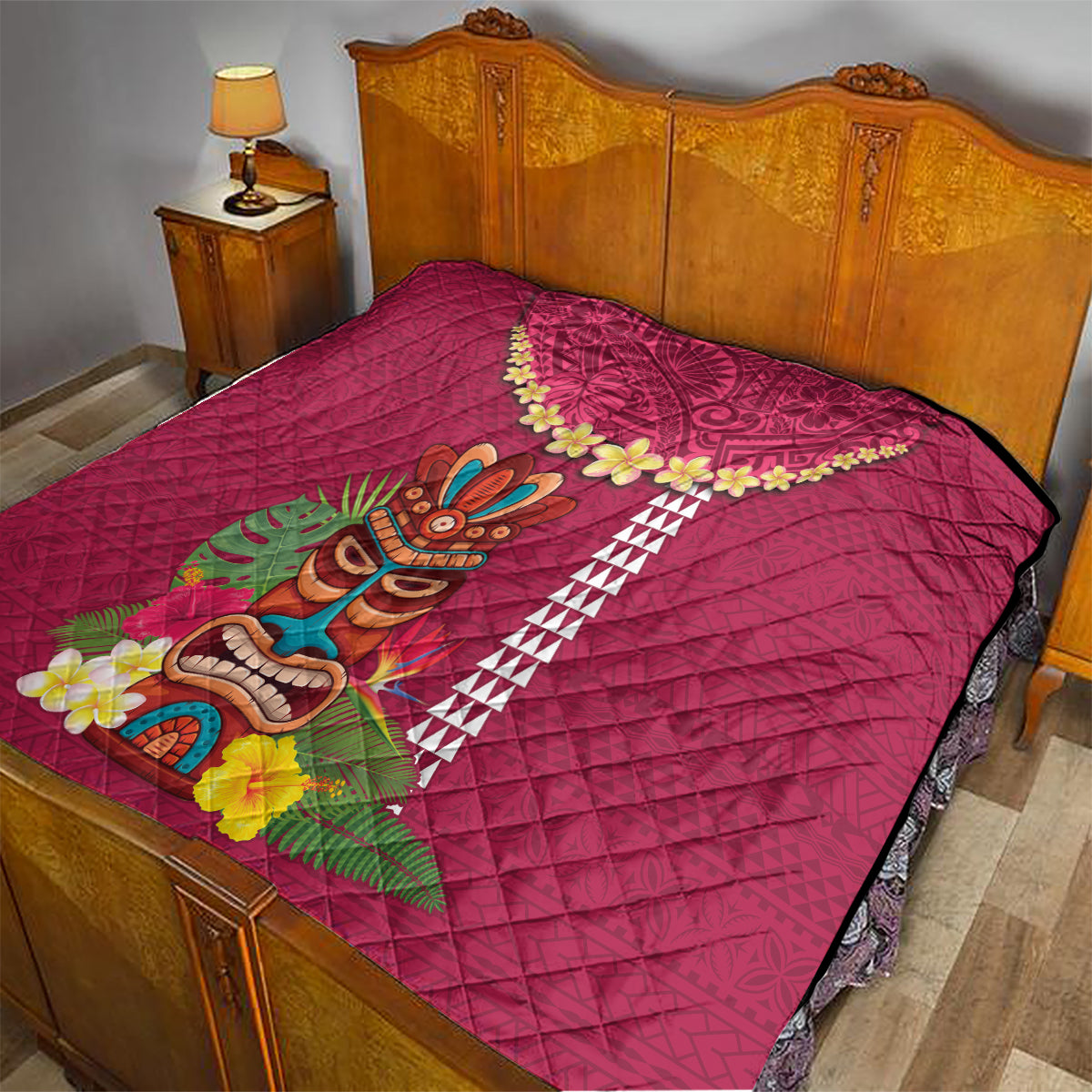 Hawaii Plumeria Lei Quilt Tiki and Kakau Pattern Pink Color LT03 - Polynesian Pride