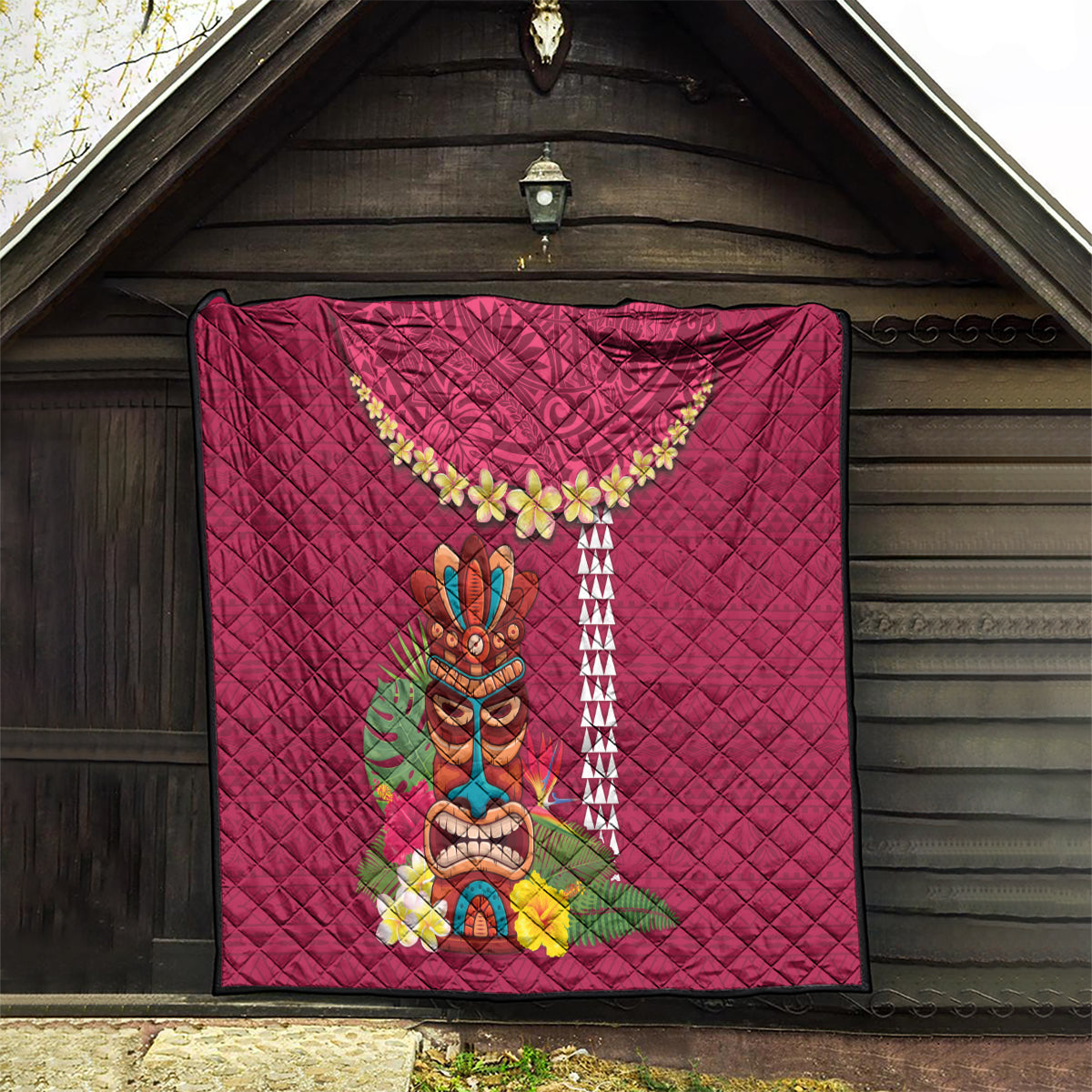 Hawaii Plumeria Lei Quilt Tiki and Kakau Pattern Pink Color LT03 - Polynesian Pride