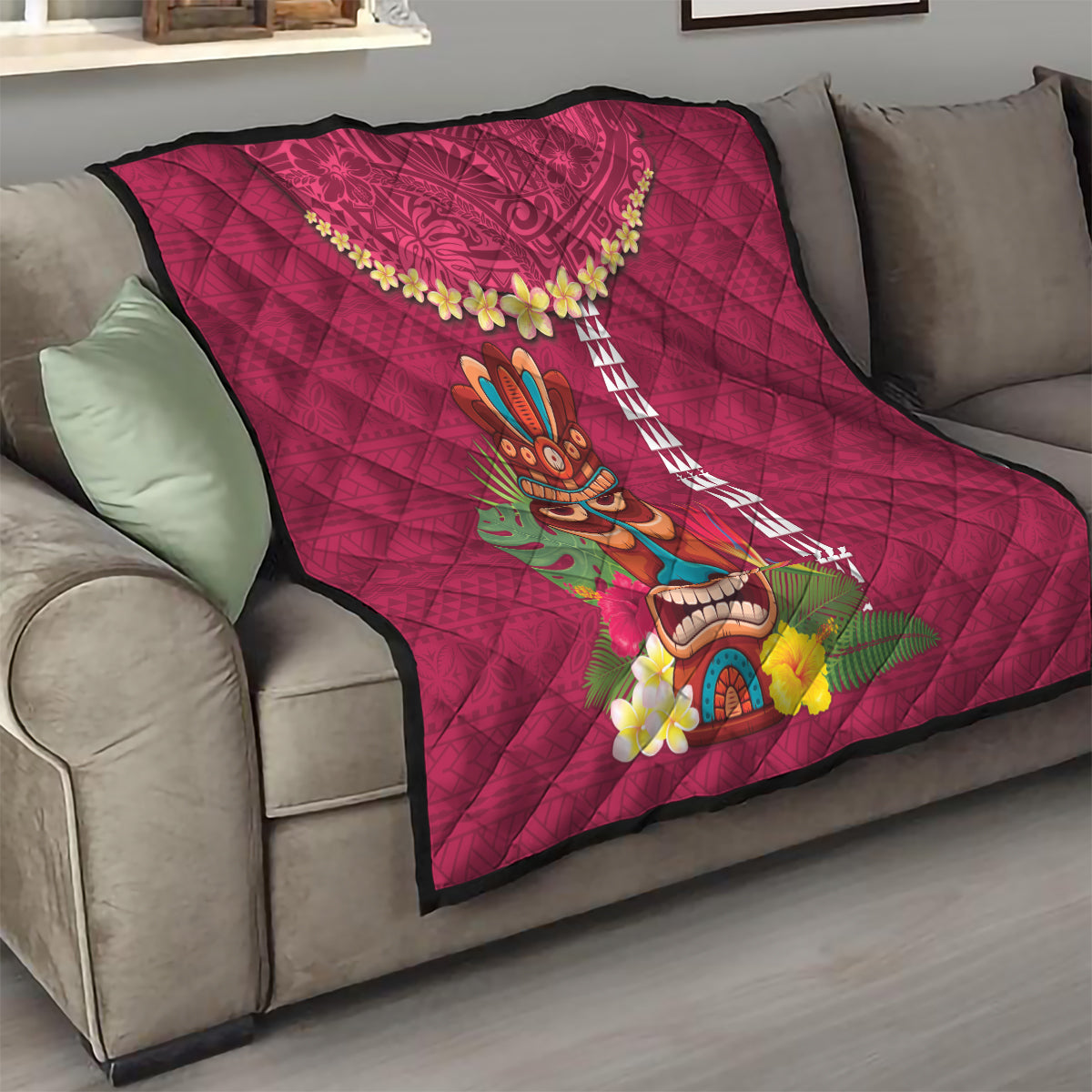 Hawaii Plumeria Lei Quilt Tiki and Kakau Pattern Pink Color LT03 - Polynesian Pride