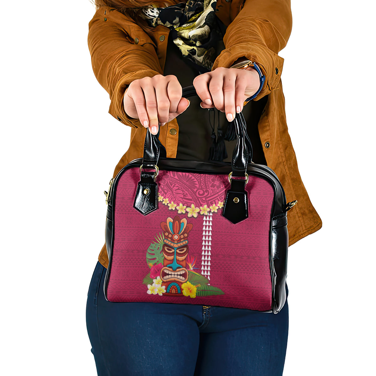 Hawaii Plumeria Lei Shoulder Handbag Tiki and Kakau Pattern Pink Color LT03 One Size Pink - Polynesian Pride
