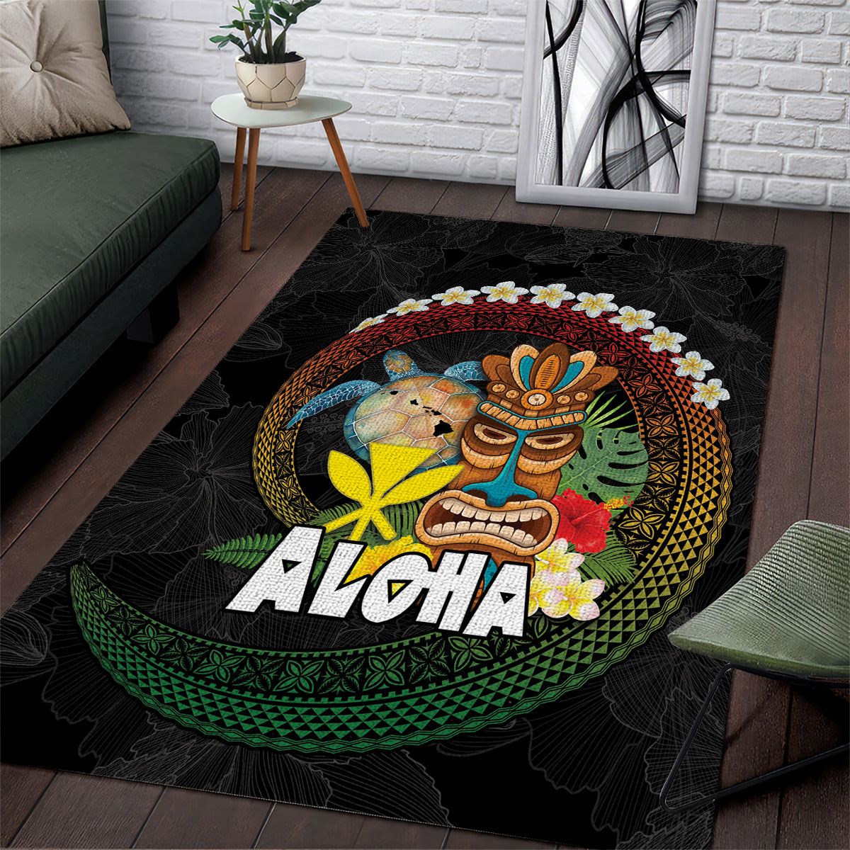 Aloha Hawaii Area Rug Kanaka Maoli with Polynesian Spiral Plumeria LT03 Black - Polynesian Pride