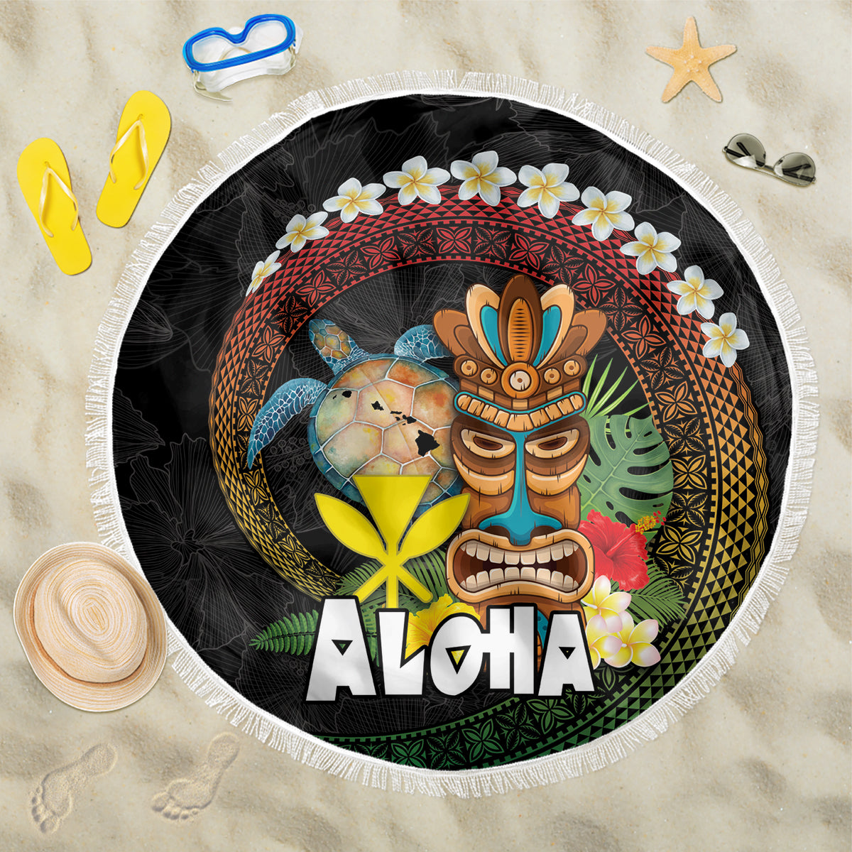 Aloha Hawaii Beach Blanket Kanaka Maoli with Polynesian Spiral Plumeria LT03 One Size 150cm Black - Polynesian Pride
