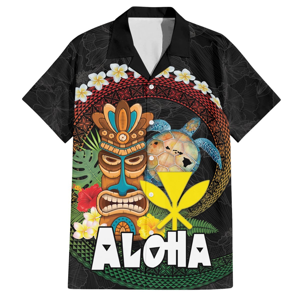 Aloha Hawaii Hawaiian Shirt Kanaka Maoli with Polynesian Spiral Plumeria LT03 Black - Polynesian Pride