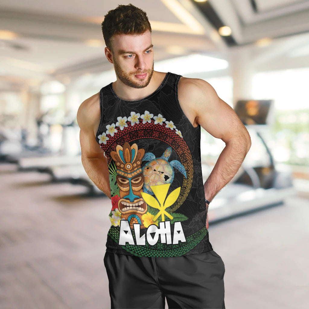 Aloha Hawaii Men Tank Top Kanaka Maoli with Polynesian Spiral Plumeria LT03 Black - Polynesian Pride