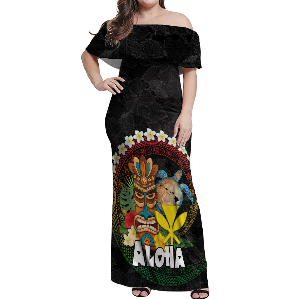 Aloha Hawaii Off Shoulder Maxi Dress Kanaka Maoli with Polynesian Spiral Plumeria LT03 Women Black - Polynesian Pride