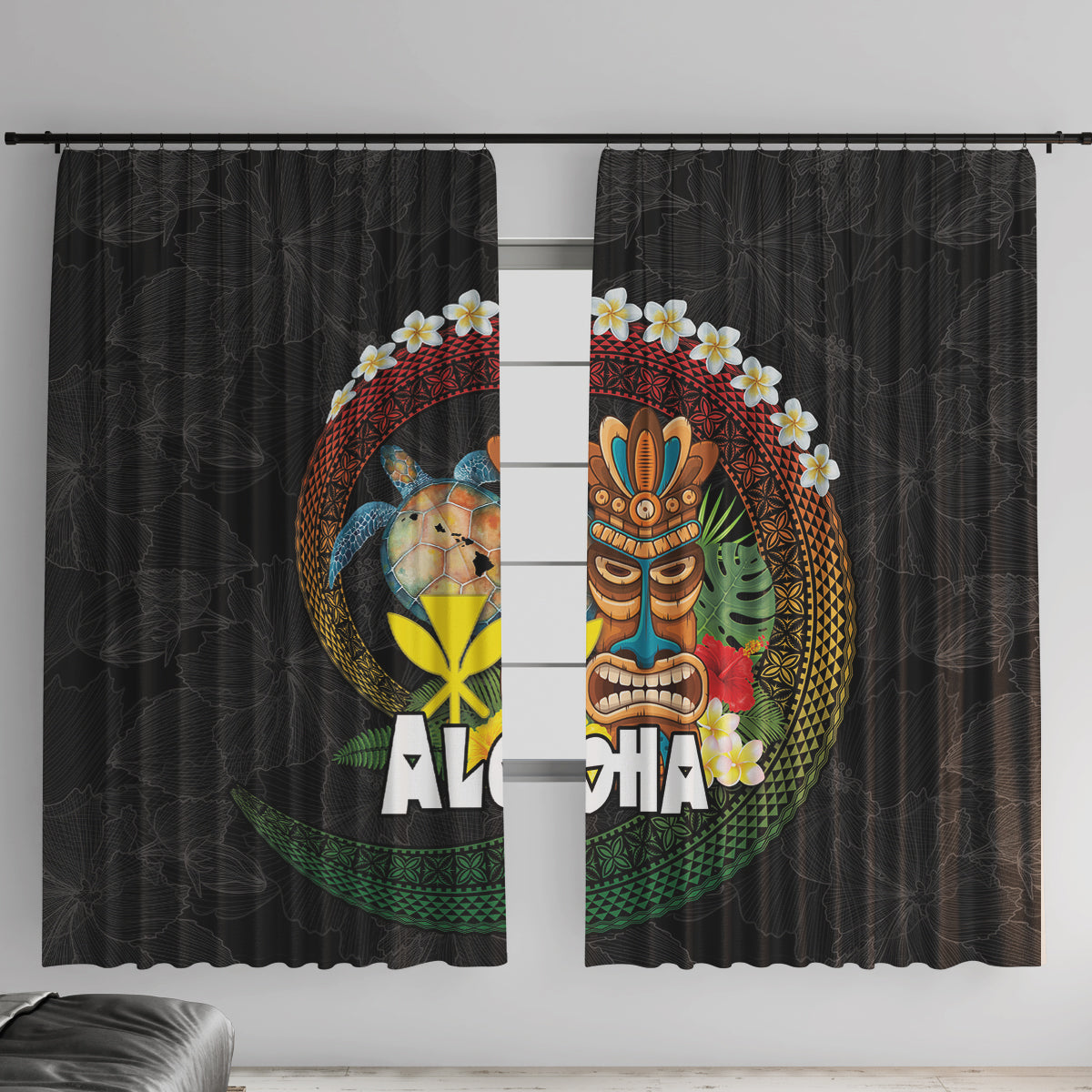 Aloha Hawaii Window Curtain Kanaka Maoli with Polynesian Spiral Plumeria LT03 With Hooks Black - Polynesian Pride