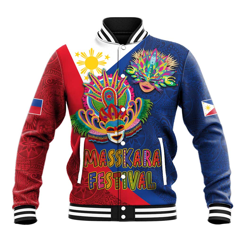 Philippines MassKara Baseball Jacket Filipino Carnival Mask and Polynesian Pattern LT03 Unisex Blue - Polynesian Pride