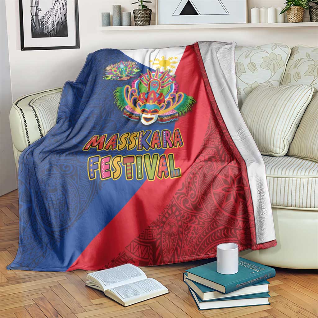 Philippines MassKara Blanket Filipino Carnival Mask and Polynesian Pattern LT03 Blue - Polynesian Pride