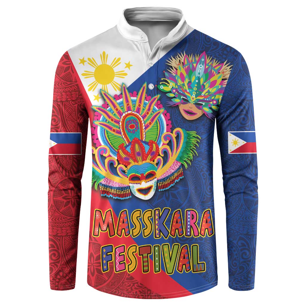 Philippines MassKara Button Sweatshirt Filipino Carnival Mask and Polynesian Pattern LT03 Blue - Polynesian Pride