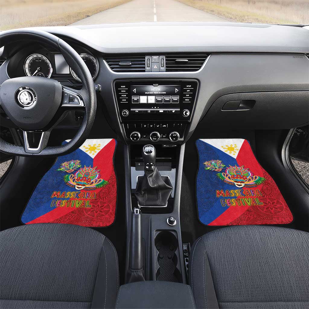 Philippines MassKara Car Mats Filipino Carnival Mask and Polynesian Pattern LT03 Set 2pcs - Front Blue - Polynesian Pride
