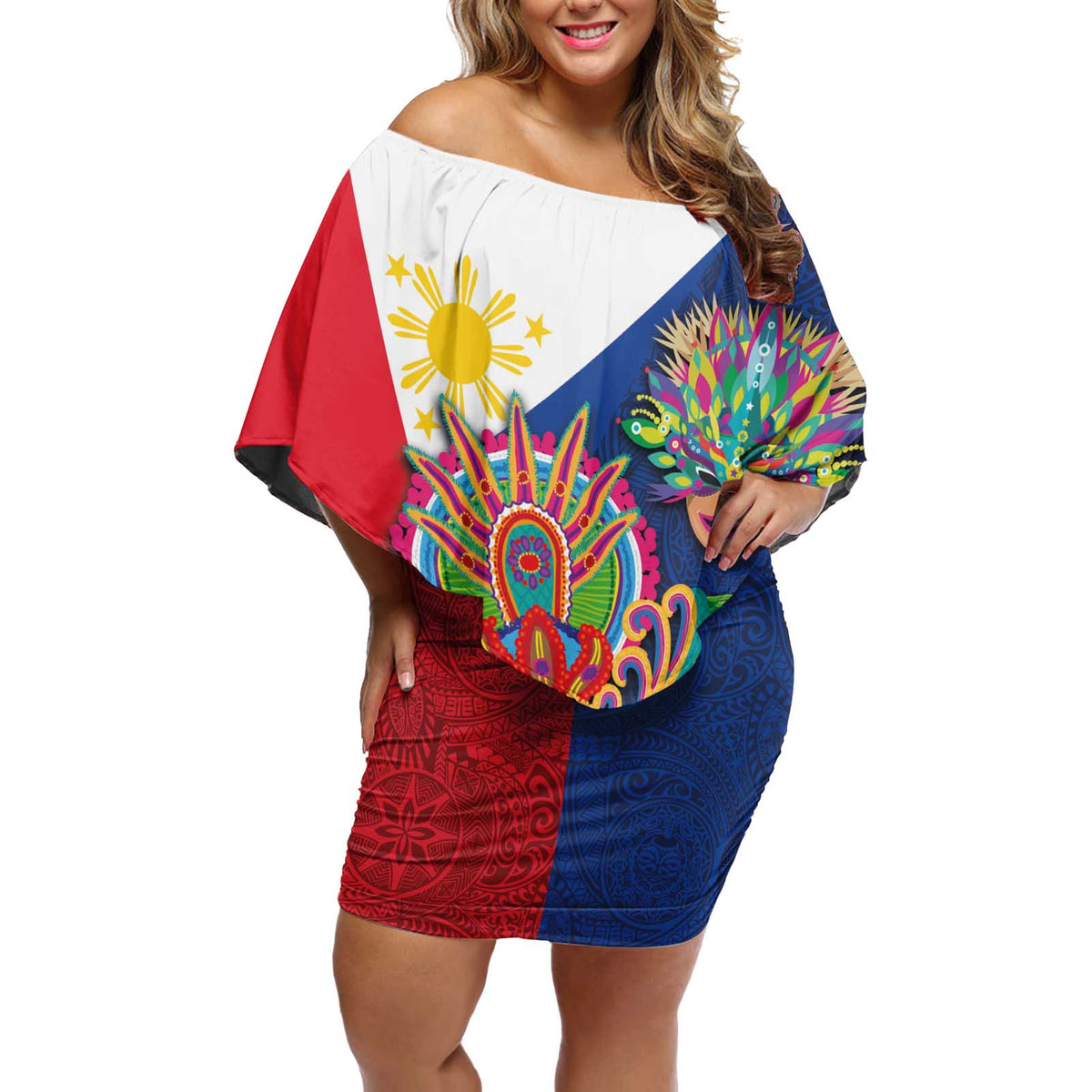 Philippines MassKara Off Shoulder Short Dress Filipino Carnival Mask and Polynesian Pattern LT03 Women Blue - Polynesian Pride