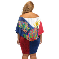 Philippines MassKara Off Shoulder Short Dress Filipino Carnival Mask and Polynesian Pattern LT03 - Polynesian Pride