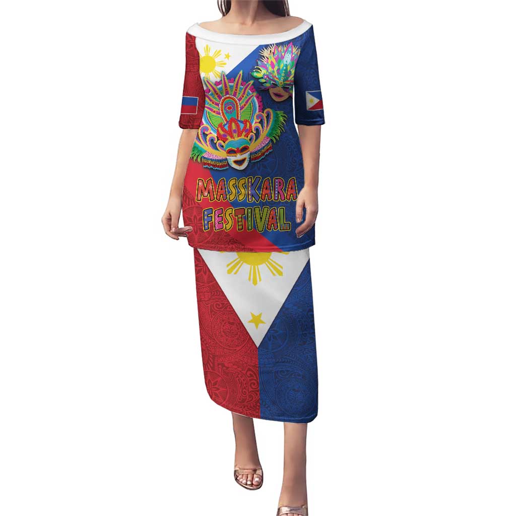 Philippines MassKara Puletasi Filipino Carnival Mask and Polynesian Pattern LT03 Long Dress Blue - Polynesian Pride