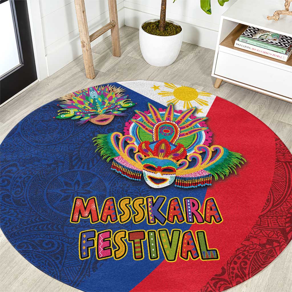 Philippines MassKara Round Carpet Filipino Carnival Mask and Polynesian Pattern LT03 Blue - Polynesian Pride