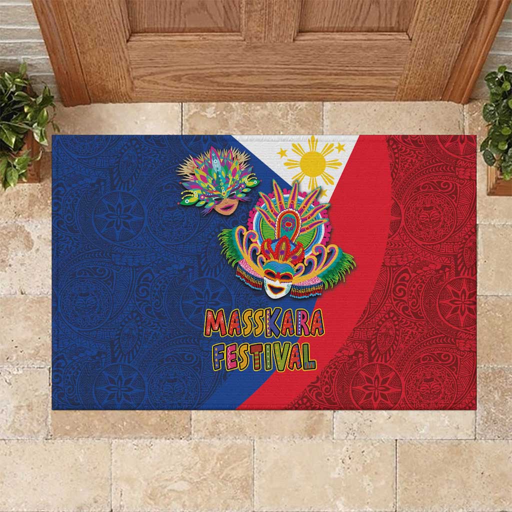 Philippines MassKara Rubber Doormat Filipino Carnival Mask and Polynesian Pattern LT03 Blue - Polynesian Pride