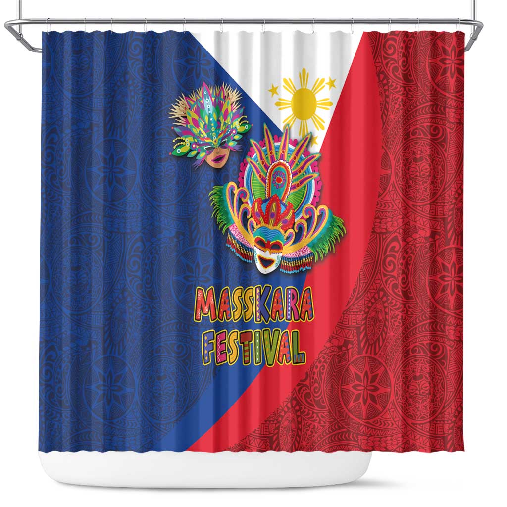 Philippines MassKara Shower Curtain Filipino Carnival Mask and Polynesian Pattern LT03 Blue - Polynesian Pride