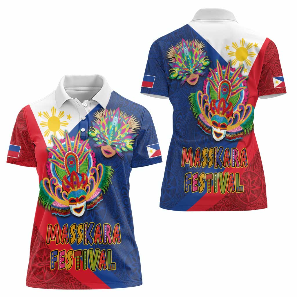 Philippines MassKara Women Polo Shirt Filipino Carnival Mask and Polynesian Pattern LT03 - Polynesian Pride