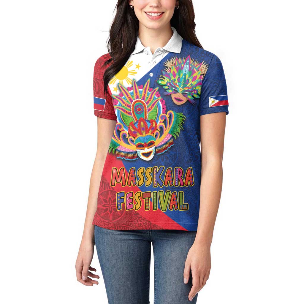 Philippines MassKara Women Polo Shirt Filipino Carnival Mask and Polynesian Pattern LT03 - Polynesian Pride