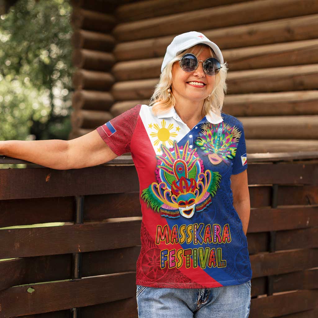 Philippines MassKara Women Polo Shirt Filipino Carnival Mask and Polynesian Pattern LT03 - Polynesian Pride