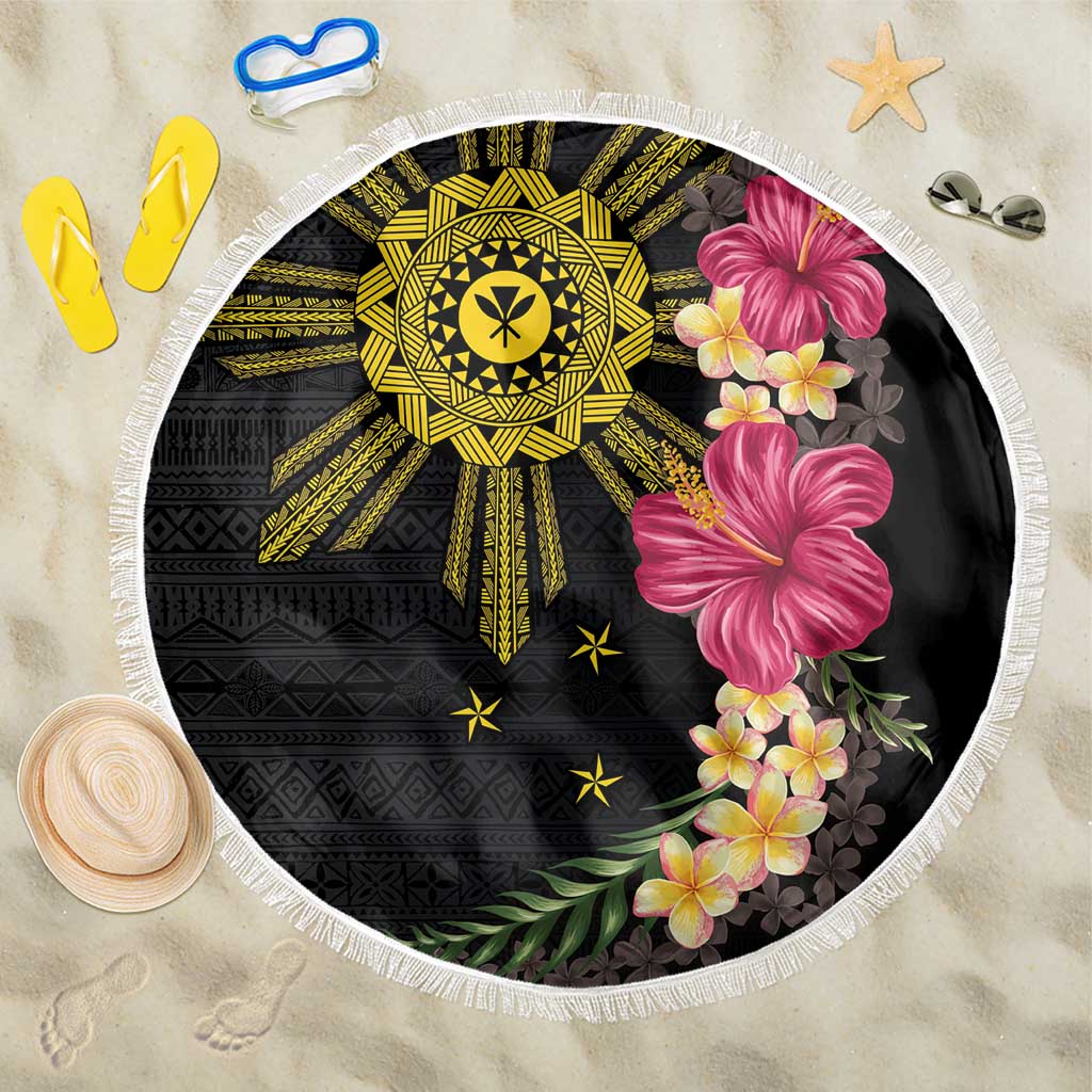 Hawaii and Philippines Together Beach Blanket Hibiscus Flower and Sun Badge Polynesian Pattern Coloful LT03 One Size 150cm Black - Polynesian Pride