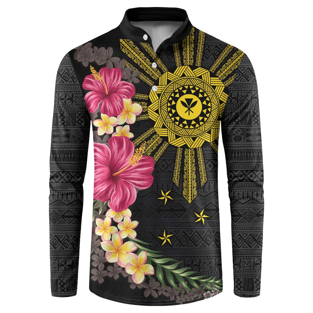 Hawaii and Philippines Together Button Sweatshirt Hibiscus Flower and Sun Badge Polynesian Pattern Coloful LT03 Black - Polynesian Pride