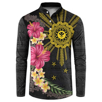 Hawaii and Philippines Together Button Sweatshirt Hibiscus Flower and Sun Badge Polynesian Pattern Coloful LT03 Black - Polynesian Pride
