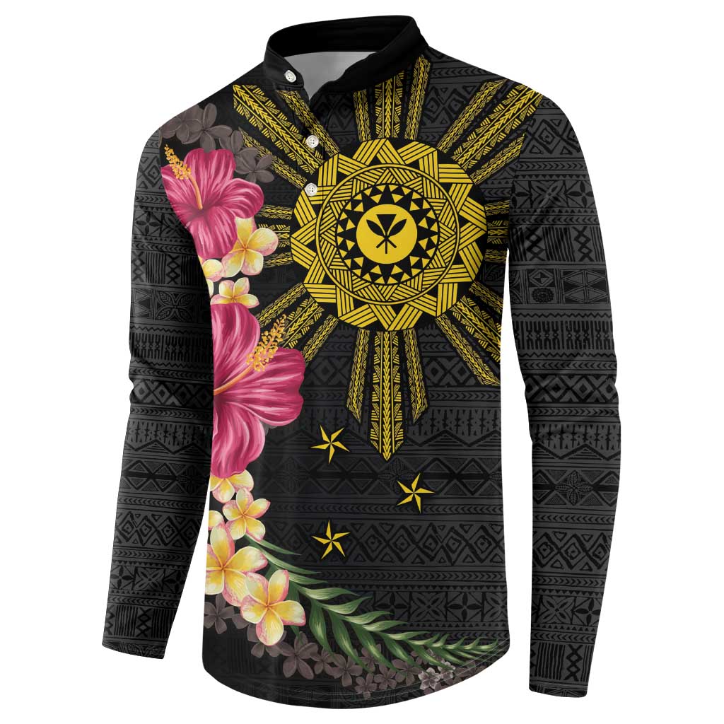 Hawaii and Philippines Together Button Sweatshirt Hibiscus Flower and Sun Badge Polynesian Pattern Coloful LT03 - Polynesian Pride
