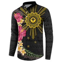 Hawaii and Philippines Together Button Sweatshirt Hibiscus Flower and Sun Badge Polynesian Pattern Coloful LT03 - Polynesian Pride