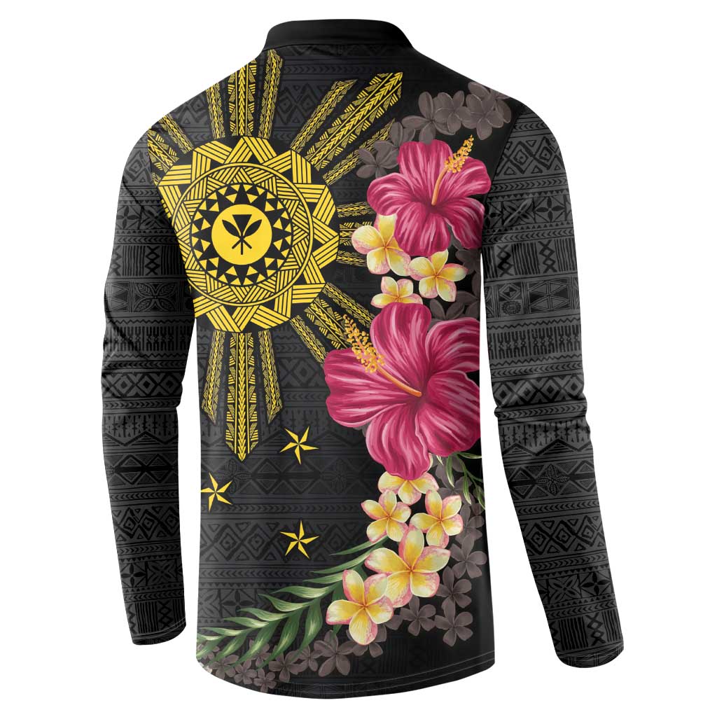 Hawaii and Philippines Together Button Sweatshirt Hibiscus Flower and Sun Badge Polynesian Pattern Coloful LT03 - Polynesian Pride