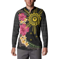 Hawaii and Philippines Together Button Sweatshirt Hibiscus Flower and Sun Badge Polynesian Pattern Coloful LT03 - Polynesian Pride