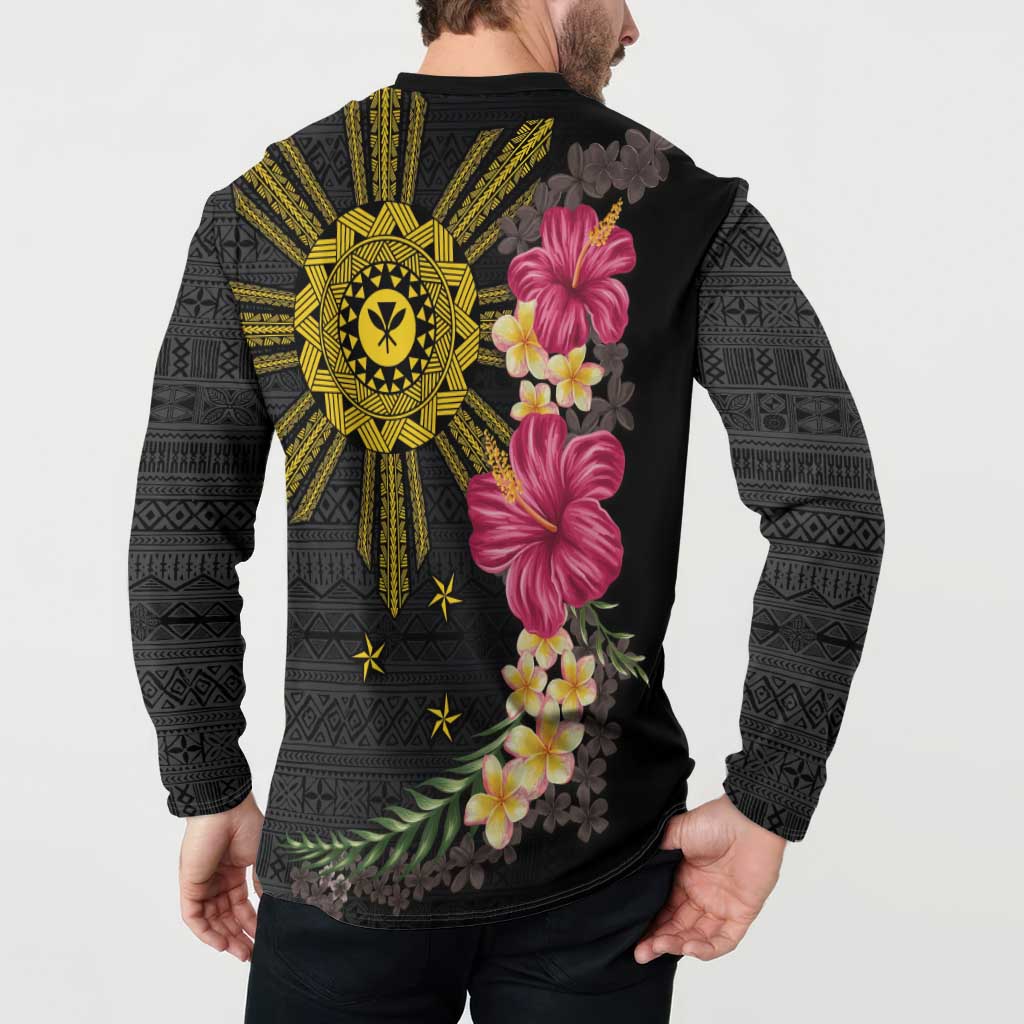Hawaii and Philippines Together Button Sweatshirt Hibiscus Flower and Sun Badge Polynesian Pattern Coloful LT03 - Polynesian Pride