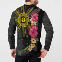 Hawaii and Philippines Together Button Sweatshirt Hibiscus Flower and Sun Badge Polynesian Pattern Coloful LT03 - Polynesian Pride