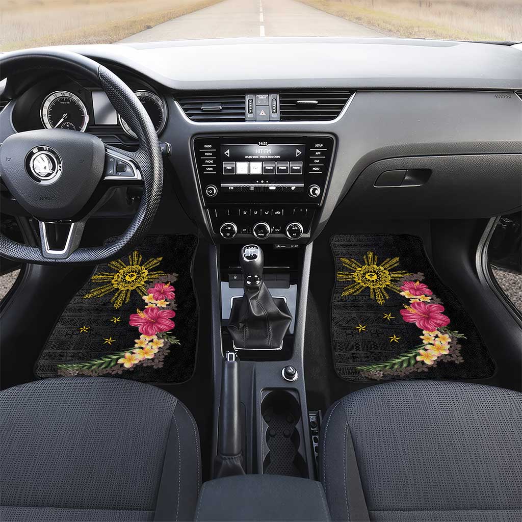Hawaii and Philippines Together Car Mats Hibiscus Flower and Sun Badge Polynesian Pattern Coloful LT03 Set 2pcs - Front Black - Polynesian Pride