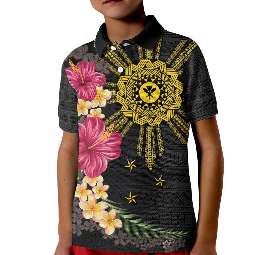 Hawaii and Philippines Together Kid Polo Shirt Hibiscus Flower and Sun Badge Polynesian Pattern Coloful LT03 Kid Black - Polynesian Pride