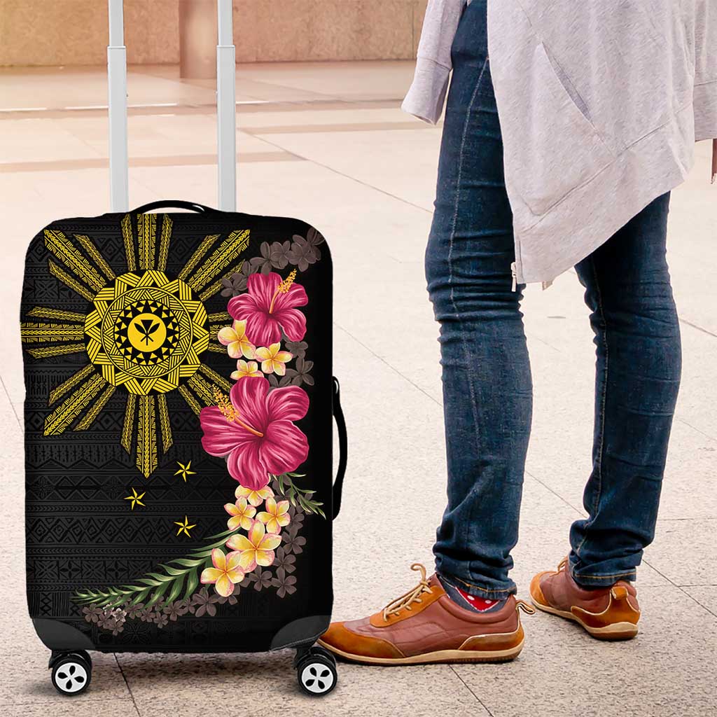 Hawaii and Philippines Together Luggage Cover Hibiscus Flower and Sun Badge Polynesian Pattern Coloful LT03 Black - Polynesian Pride