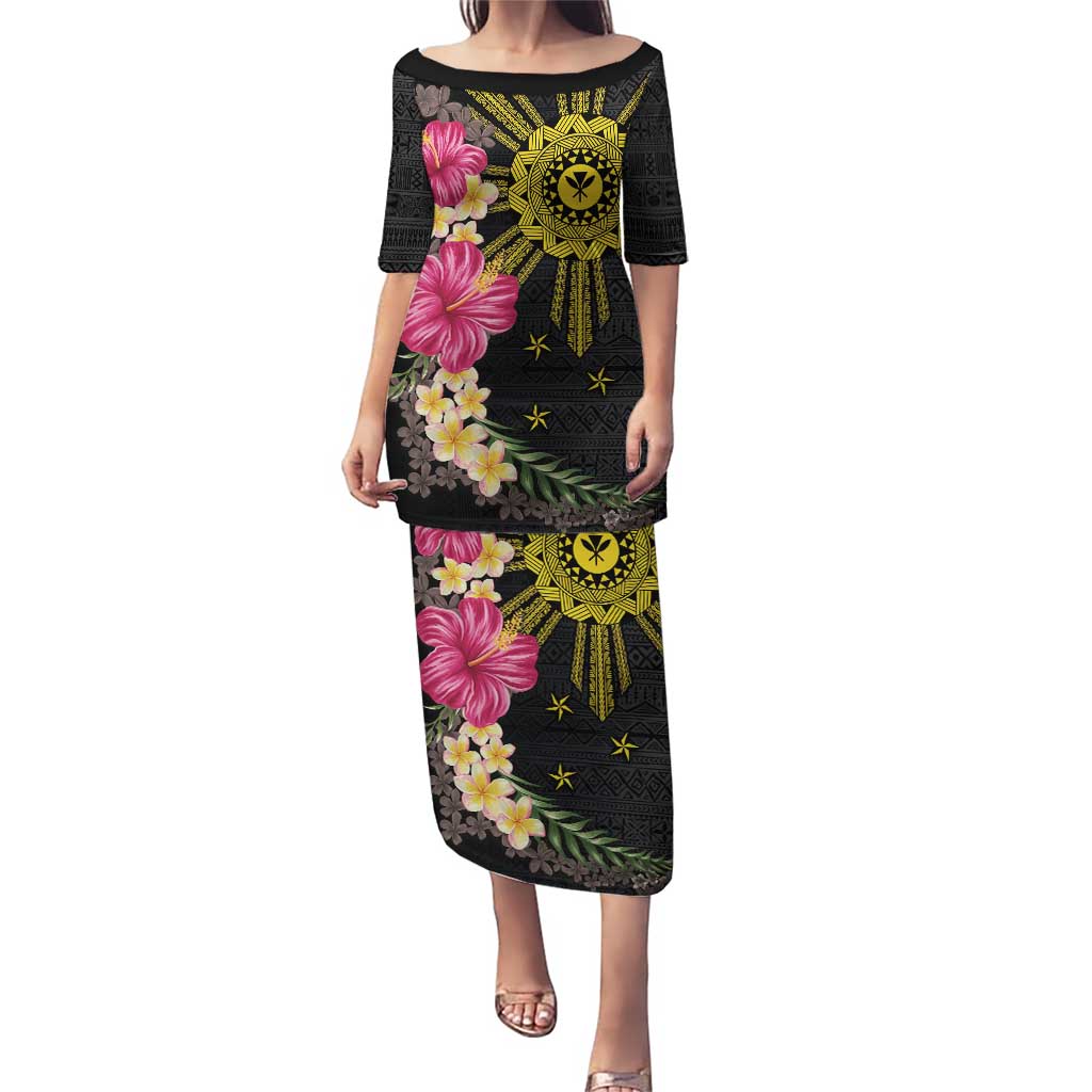 Hawaii and Philippines Together Puletasi Hibiscus Flower and Sun Badge Polynesian Pattern Coloful LT03 Long Dress Black - Polynesian Pride